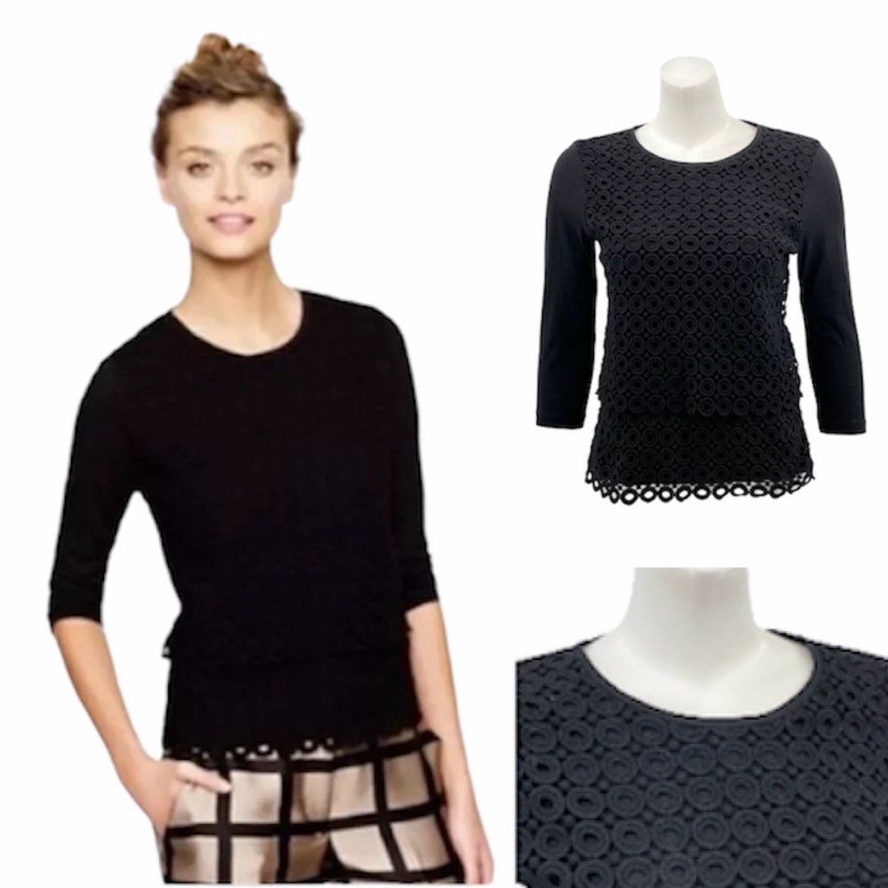 J. Crew Black Circle Lace 3/4 Sleeve Top